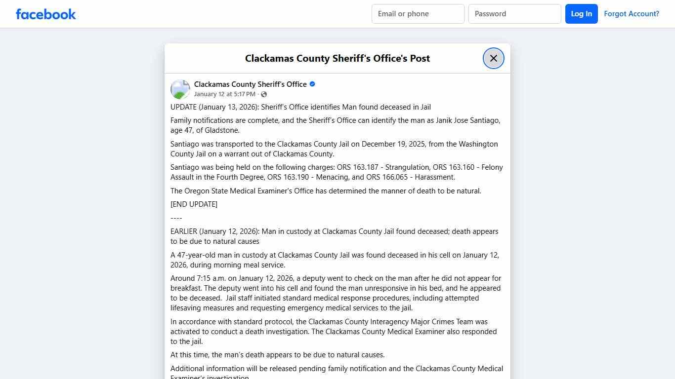 UPDATE (January 13,... - Clackamas County Sheriff's Office Facebook